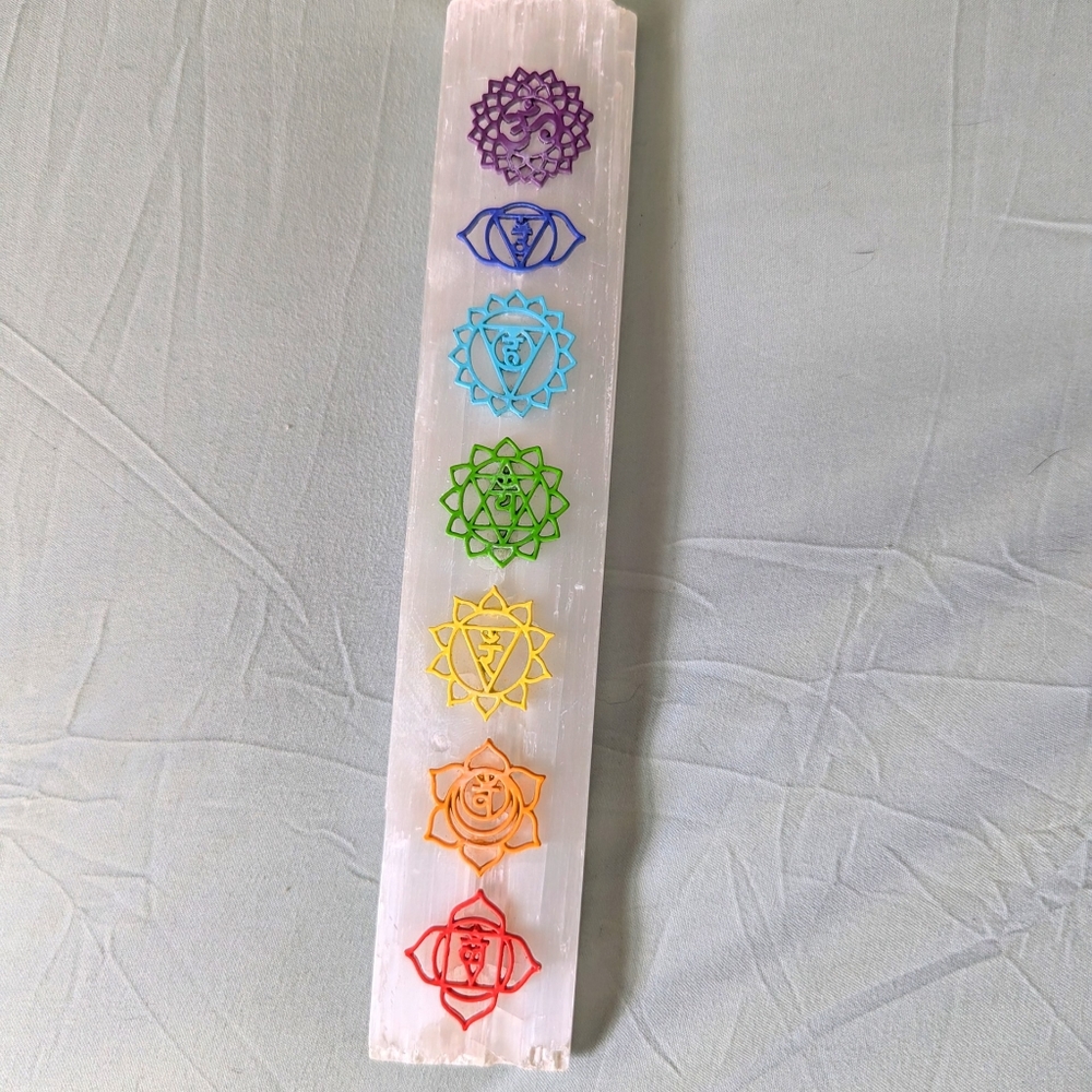 Selenite Wand with Colorful Chakra Symbols 8" Long